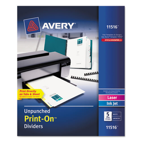 Avery AVE11516 Customizable Print-On Dividers, Unpunched, 5-Tab, 11 x 8.5, White, 5 Sets