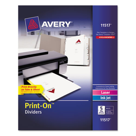 Avery AVE11517 Customizable Print-On Dividers, 3-Hole Punched, 5-Tab, 11 x 8.5, White, 25 Sets