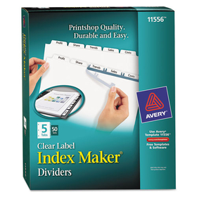 Avery AVE11556 Print and Apply Index Maker Clear Label Dividers, 5-Tab, White Tabs, 11 x 8.5, White, 50 Sets