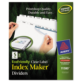 Avery AVE11580 Index Maker EcoFriendly Print and Apply Clear Label Dividers with White Tabs, 5-Tab, 11 x 8.5, White, 5 Sets