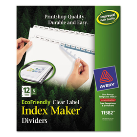 Avery AVE11582 Index Maker EcoFriendly Print and Apply Clear Label Dividers with White Tabs, 12-Tab, 11 x 8.5, White, 5 Sets