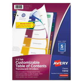 Avery AVE11816 Customizable Table of Contents Ready Index Dividers with Multicolor Tabs, 5-Tab, 1 to 5, 11 x 8.5, Translucent, 1 Set