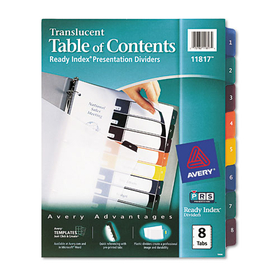 Avery AVE11817 Customizable Table of Contents Ready Index Dividers with Multicolor Tabs, 8-Tab, 1 to 8, 11 x 8.5, Translucent, 1 Set