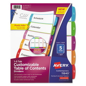 Avery AVE11840 Customizable TOC Ready Index Multicolor Tab Dividers, 5-Tab, 1 to 5, 11 x 8.5, White, Contemporary Color Tabs, 1 Set
