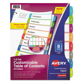 Avery AVE11841 Customizable TOC Ready Index Multicolor Tab Dividers, 8-Tab, 1 to 8, 11 x 8.5, White, Contemporary Color Tabs, 1 Set