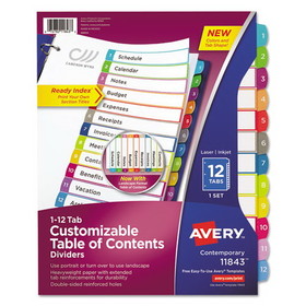 Avery AVE11843 Customizable TOC Ready Index Multicolor Tab Dividers, 12-Tab, 1 to 12, 11 x 8.5, White, Contemporary Color Tabs, 1 Set