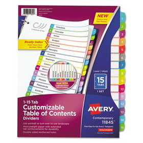 Avery 11845 Customizable TOC Ready Index Multicolor Dividers, 1-15, Letter