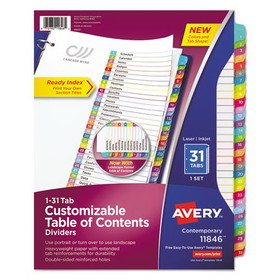 Avery 11846 Customizable TOC Ready Index Multicolor Dividers, 1-31, Letter