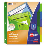 Avery AVE11906 Insertable Big Tab Plastic 2-Pocket Dividers, 5-Tab, 11.13 x 9.25, Assorted, 1 Set