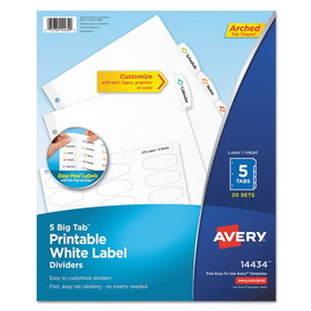 Avery AVE14434 Big Tab Printable White Label Tab Dividers, 5-Tab, 11 x 8.5, White, 20 Sets
