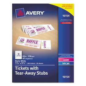 Avery AVE16154 Printable Tickets w/Tear-Away Stubs, 97 Bright, 65 lb Cover Weight, 8.5 x 11, White, 10 Tickets/Sheet, 20 Sheets/Pack