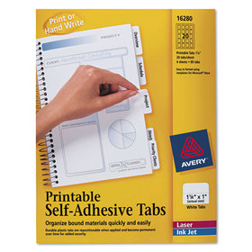 AVERY-DENNISON AVE16280 Printable Plastic Tabs with Repositionable Adhesive, 1/5-Cut, White, 1.25" Wide, 96/Pack