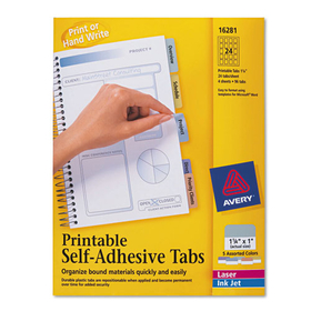 Avery AVE16281 Printable Plastic Tabs with Repositionable Adhesive, 1/5-Cut, Assorted Colors, 1.25" Wide, 96/Pack