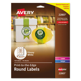 Avery AVE22807 Round Print-To-The-Edge Labels, 2" Dia, Glossy White, 120/pack
