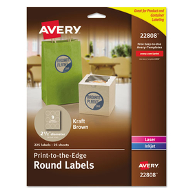 Avery AVE22808 Round Print-To-The-Edge Labels, 2 1/2" Dia, Brown Kraft, 225/pk
