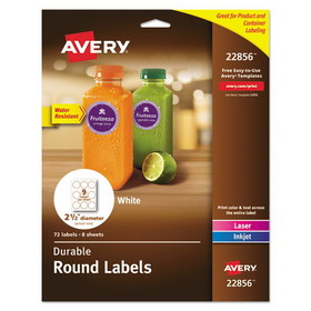 Avery 22856 Durable White ID Labels w/ Sure Feed, 2 1/2" dia, White, 72/Pk