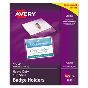 Avery AVE2923 Heavy-Duty Clip-Style Badge Holders, Horizontal, 4 x 3, Clear, 100/Box