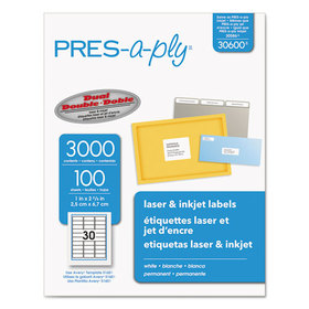 AVERY-DENNISON AVE30600 Labels, Laser Printers, 1 x 2.63, White, 30/Sheet, 100 Sheets/Box