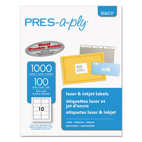 Avery AVE30603 Labels, Laser Printers, 2 x 4, White, 10/Sheet, 100 Sheets/Box