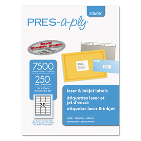 AVERY-DENNISON AVE30606 Labels, Laser Printers, 1 x 2.63, White, 30/Sheet, 250 Sheets/Box
