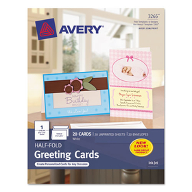 Avery AVE3265 Half-Fold Greeting Cards with Matching Envelopes, Inkjet, 85 lb, 5.5 x 8.5, Matte White, 1 Card/Sheet, 20 Sheets/Box
