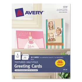 Avery AVE3378 Half-Fold Greeting Cards with Envelopes, Inkjet, 65 lb, 5.5 x 8.5, Textured Uncoated White, 1 Card/Sheet, 30 Sheets/Box