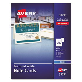 AVERY-DENNISON AVE3379 Note Cards with Matching Envelopes, Inkjet, 65lb, 4.25 x 5.5, Textured Uncoated White, 50 Cards, 2 Cards/Sheet, 25 Sheets/Box