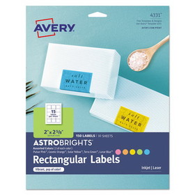 Avery AVE4331 Printable Color Labels with Sure Feed and Easy Peel, 2 x 2.63, Assorted Colors, 15/Sheet, 10 Sheets/Pack