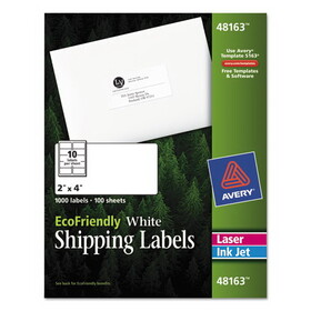 Avery AVE48163 EcoFriendly Mailing Labels, Inkjet/Laser Printers, 2 x 4, White, 10/Sheet, 100 Sheets/Pack