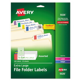 Avery AVE5026 X-Large 1/3 Cut Trueblock File Folder Labels, 15/16 X 3 7/16, White/asst, 450/pk