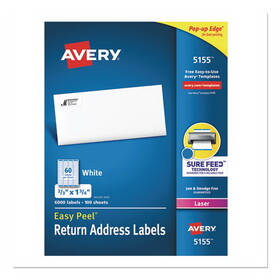 Avery AVE5155 Easy Peel Laser Mailing Labels, 2/3 X 1 3/4, White, 6000/pack