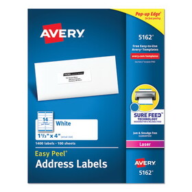 AVERY-DENNISON AVE5162 Easy Peel Laser Address Labels, 1 1/3 X 4, White, 1400/box