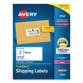Avery AVE5163 Shipping Labels w/ TrueBlock Technology, Laser Printers, 2 x 4, White, 10/Sheet, 100 Sheets/Box