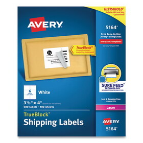 AVERY-DENNISON AVE5164 Shipping Labels W/ultrahold Ad & Trueblock, Laser, 3 1/3 X 4, White, 600/box