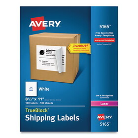 AVERY-DENNISON AVE5165 Shipping Labels W/ultrahold Ad & Trueblock, Laser, 8 1/2 X 11, White, 100/box
