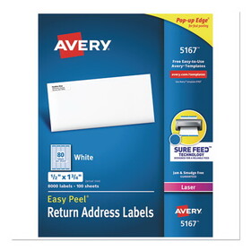 AVERY-DENNISON AVE5167 Easy Peel White Address Labels w/ Sure Feed Technology, Laser Printers, 0.5 x 1.75, White, 80/Sheet, 100 Sheets/Box