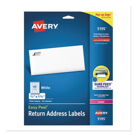 AVERY-DENNISON AVE5195 Easy Peel White Address Labels w/ Sure Feed Technology, Laser Printers, 0.66 x 1.75, White, 60/Sheet, 25 Sheets/Pack