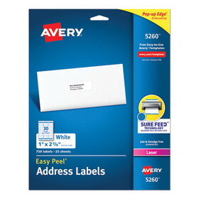 AVERY-DENNISON AVE5260 Easy Peel Laser Address Labels, 1 X 2 5/8, White, 750/pack