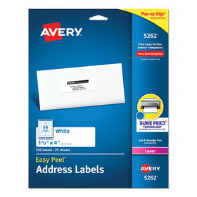 AVERY-DENNISON AVE5262 Easy Peel Laser Address Labels, 1 1/3 X 4, White, 350/pack