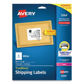 AVERY-DENNISON AVE5264 Shipping Labels W/ultrahold Ad & Trueblock, Laser, 3 1/3 X 4, White, 150/pack
