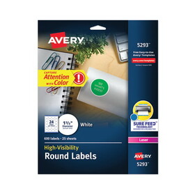 Avery AVE5293 High Visibility Round Laser Labels, 1 2/3" Dia, White, 600/pack