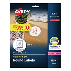 Avery AVE5294 High Visibility Round Laser Labels, 2 1/2" Dia, White, 300/pack