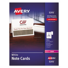 Avery AVE5315 Note Cards with Matching Envelopes, Laser, 80 lb, 4.25 x 5.5, Uncoated White, 60 Cards, 2 Cards/Sheet, 30 Sheets/Pack