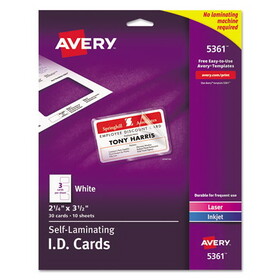 AVERY-DENNISON AVE5361 Laminated Laser/inkjet Id Cards, 2 1/4 X 3 1/2, White, 30/box