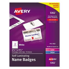 Avery AVE5362 Self-Laminating Laser/inkjet Printer Badges, 2 1/4 X 3 1/2, White, 30/box