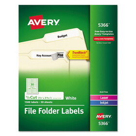 AVERY-DENNISON AVE5366 Permanent TrueBlock File Folder Labels with Sure Feed Technology, 0.66 x 3.44, White, 30/Sheet, 50 Sheets/Box