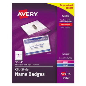 Avery AVE5384 Clip-Style Name Badge Holder with Laser/Inkjet Insert, Top Load, 4 x 3, White, 40/Box