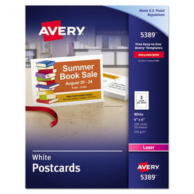 Avery AVE5389 Printable Postcards, Laser, 80 lb, 4 x 6, Uncoated White, 100 Cards, 2/Cards/Sheet, 50 Sheets/Box