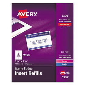 Avery AVE5390 Name Badge Insert Refills, Horizontal/Vertical, 2 1/4 x 3 1/2, White, 400/Box