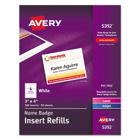 AVERY-DENNISON AVE5392 Name Badge Insert Refills, Horizontal/Vertical, 3 x 4, White, 300/Box